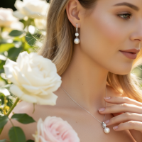 CUBIC ZIRCONIA COLLECTION - BEJEWELLED PEARL NECK SET -CZNK287 SILVER