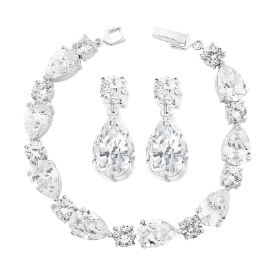 CUBIC ZIRCONIA COLLECTION -CLASSIC CRYSTAL BRACELET SET - SILVER 