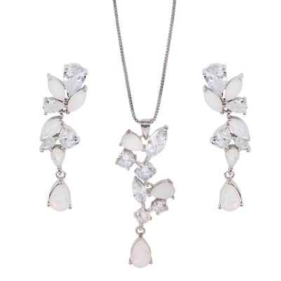 CUBIC ZIRCONIA COLLECTION - COUTURE OPAL SHIMMER NECKLACE SET - CZNK243 SILVER
