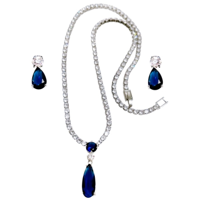 CUBIC ZIRCONIA COLLECTION - DAINTY STARLET GEM NECKLACE SET - CZNK244 SAPPHIRE