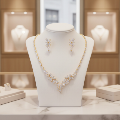 CUBIC ZIRCONIA COLLECTION - CRYSTAL ALLURE NECKLACE SET - CZNK228 - GOLD