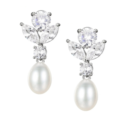 CUBIC ZIRCONIA COLLECTION - PEARL GEM EARRINGS -CZER734 SILVER