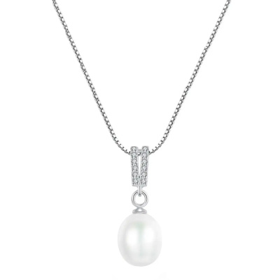 CUBIC ZIRCONIA COLLECTION - FRESHWATER PEARL NECKLACE - CZNK195 SILVER 