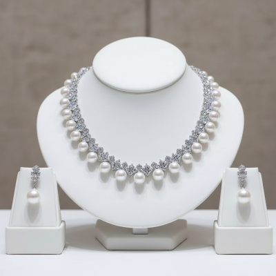 CUBIC ZIRCONIA COLLECTION - LUXE PEARL NECKLACE SET - CZNK274 SILVER 