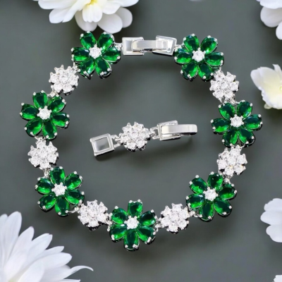 CUBIC ZIRCONIA COLLECTION - GLITZY GLAM FLOWER BRACELET - EMERALD (BR176)
