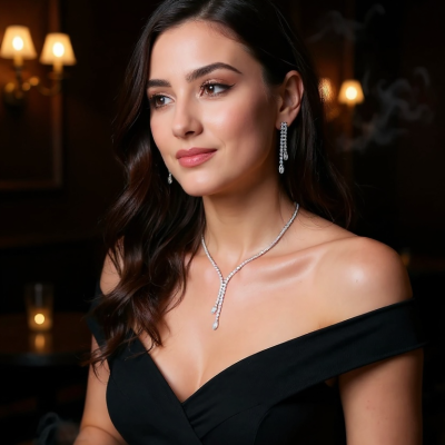 CUBIC ZIRCONIA COLLECTION - CRYSTAL SHIMMER DROP NECKLACE - CZNK268 SILVER