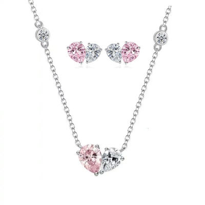 CUBIC ZIRCONIA COLLECTION - PINK HEART NECKLACE SET - CZNK208 