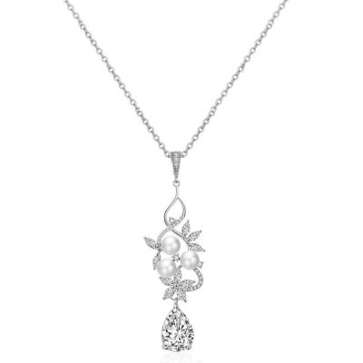 CUBIC ZIRCONIA COLLECTION - PEARL BLOOM NECKLACE- CZNK165 SILVER
