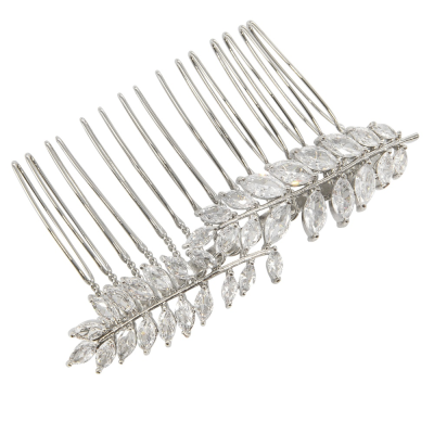CUBIC ZIRCONIA COLLECTION - VINTAGE LEAF HAIR COMB - HC245 SILVER