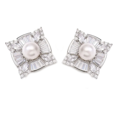 CUBIC ZIRCONIA COLLECTION - ART DECO STYLE EARRINGS - CZER729 SILVER 