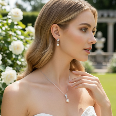 CUBIC ZIRCONIA COLLECTION - VINTAGE CHIC NECKLACE SET - CZNK254 SILVER