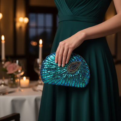 ATHENA COLLECTION - VINTAGE INSPIRED PEACOCK CLUTCH BAG - BLUE 