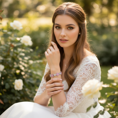 CUBIC ZIRCONIA COLLECTION - GLITZY GLAM FLOWER BRACELET - PINK (BR176)