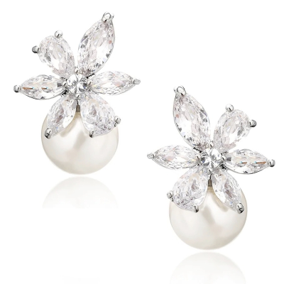 CUBIC ZIRCONIA COLLECTION - SPARKLE PEARL EARRINGS - CZER766 SILVER 