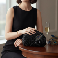 ATHENA COLLECTION - VINTAGE INSPIRED PEACOCK CLUTCH BAG - BLACK