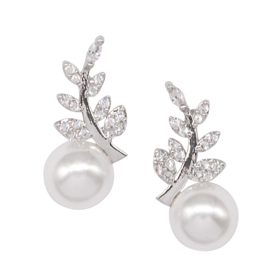 CUBIC ZIRCONIA COLLECTION - VINTAGE VINE PEARL EARRINGS - CZER720 SILVER