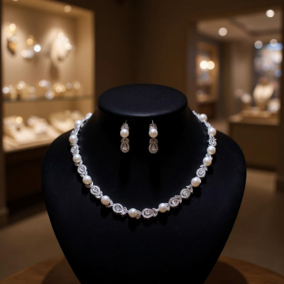 CUBIC ZIRCONIA COLLECTION - LUXE PEARL NECKLACE SET - CZNK 272 SILVER 