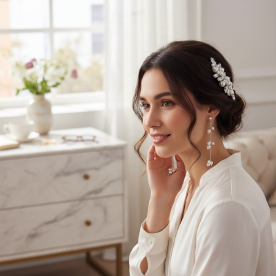 ATHENA COLLECTION - EXQUISITE COMB & EARRING SET - HC307 SILVER