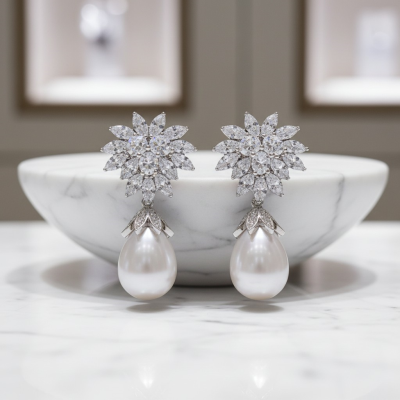 CUBIC ZIRCONIA COLLECTION - CRYSTAL CLUSTER EARRINGS - CZER931 SILVER 