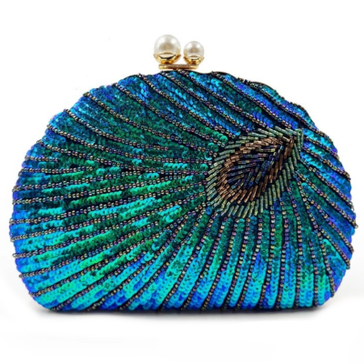 ATHENA COLLECTION - VINTAGE INSPIRED PEACOCK CLUTCH BAG - BLUE 