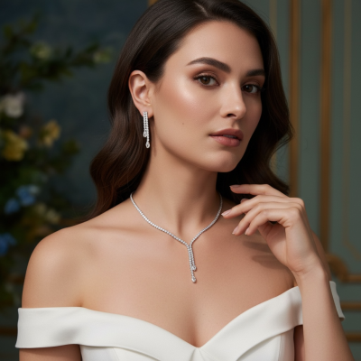 CUBIC ZIRCONIA COLLECTION - CRYSTAL SHIMMER DROP NECKLACE - CZNK268 SILVER