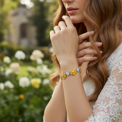 CUBIC ZIRCONIA COLLECTION - GLITZY GLAM FLOWER BRACELET - YELLOW (BR176)
