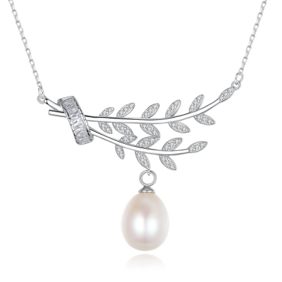 CUBIC ZIRCONIA COLLECTION - VINTAGE INSPIRED NATURAL PEARL NECKLACE - CZNK198 SILVER 