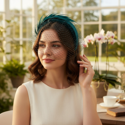 ATHENA COLLECTION - BIRDCAGE VEIL FASCINATOR - EMERALD