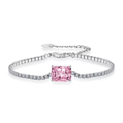 CUBIC ZIRCONIA COLLECTION - GLITZY GEM BRACELET PLATED IN 925 STERLING SILVER- CZBR140 ROSE PINK