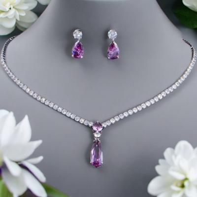 CUBIC ZIRCONIA COLLECTION - DAINTY STARLET GEM NECKLACE SET - CZNK244 PURPLE
