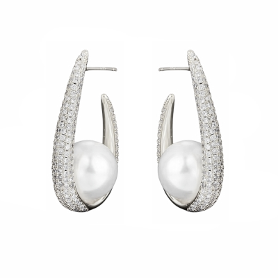 CUBIC ZIRCONA COLLECTION - CHIC PAVED PEARL EARRINGS - CZER904 SILVER 
