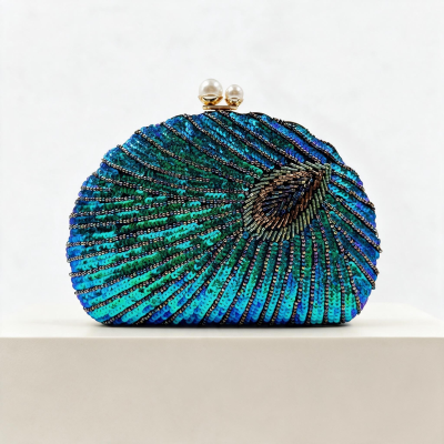 ATHENA COLLECTION - VINTAGE INSPIRED PEACOCK CLUTCH BAG - BLUE 