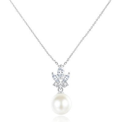 CUBIC ZIRCONIA COLLECTION - EXQUISITE PEARL NECKLACE - CZNK194 SILVER