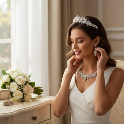 ATHENA COLLECTION - EXQUISITE PEARL TIARA SET -SILVER