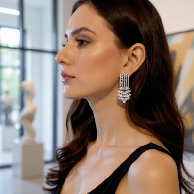 CUBIC ZIRCONIA COLLECTION - LUXE DECO DROP EARRINGS - CZER929 SILVER 