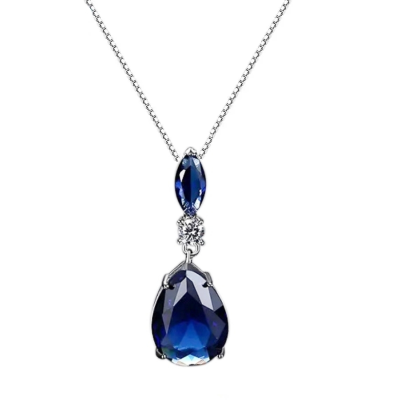 CUBIC ZIRCONIA COLLECTION -  CRYSTAL DROP NECKLACE - CZNK217 SAPPHIRE 
