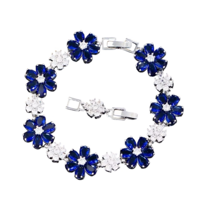 CUBIC ZIRCONIA COLLECTION - GLITZY GLAM FLOWER BRACELET - BLUE (BR176)