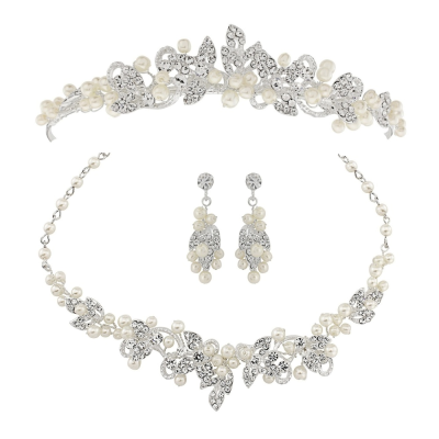 ATHENA COLLECTION - EXQUISITE PEARL TIARA SET -SILVER