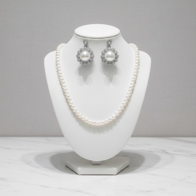 CUBIC ZIRCONIA COLLECTION - VINTAGE INSPIRED PEARL NECKLACE SET - CZNK265 SILVER