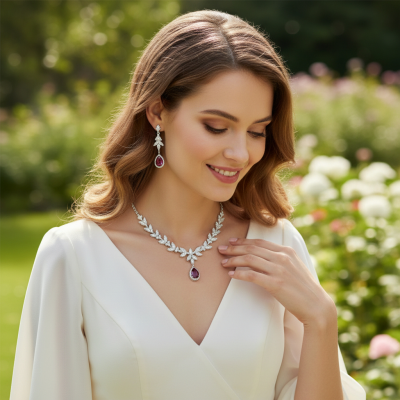 CUBIC ZIRCONIA COLLECTION - CRYSTAL SHIMMER NECKLACE - CZNK222 RED