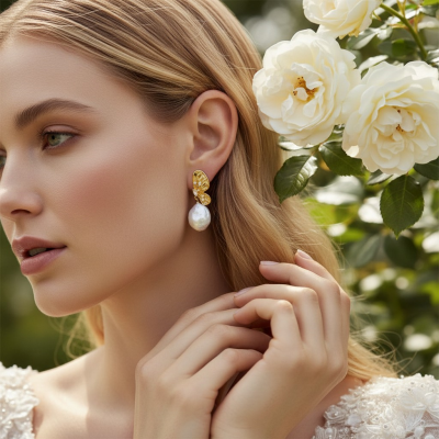 CUBIC ZIRCONIA COLLECTION - EXQUISITE BAROQUE PEARL EARRINGS - CZER917 GOLD 