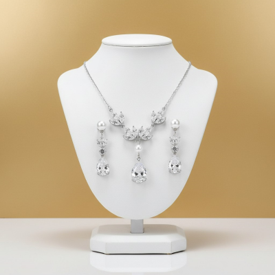 CUBIC ZIRCONIA COLLECTION - CHIC PEARL NECKLACE SET - CZNK264 SILVER