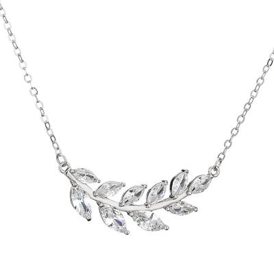 CUBIC ZIRCONIA COLLECTION - CRYSTAL LEAF NECKLACE- CZNK170 SILVER