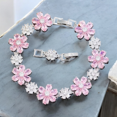 CUBIC ZIRCONIA COLLECTION - GLITZY GLAM FLOWER BRACELET - PINK (BR176)