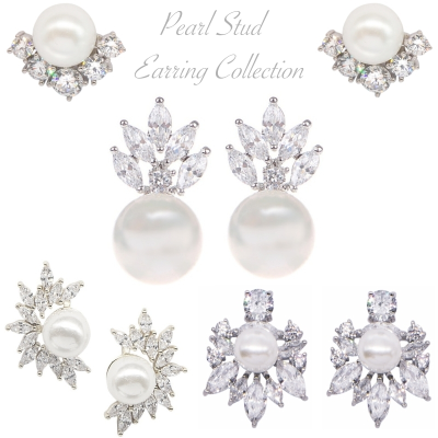 CUBIC ZIRCONIA COLLECTION - PEARL STUD EARRING COLLECTION - SILVER 