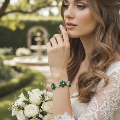 CUBIC ZIRCONIA COLLECTION - GLITZY GLAM FLOWER BRACELET - EMERALD (BR176)