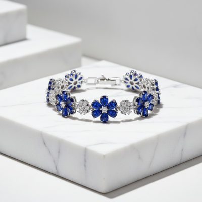 CUBIC ZIRCONIA COLLECTION - GLITZY GLAM FLOWER BRACELET - BLUE (BR176)
