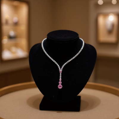 CUBIC ZIRCONIA COLLECTION - PINK SPARKLE NECKLACE SET - 4 PIECE SET -CZNK271