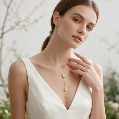 CUBIC ZIRCONIA COLLECTION - ART DECO DROP NECKLACE - CZNK275 GOLD