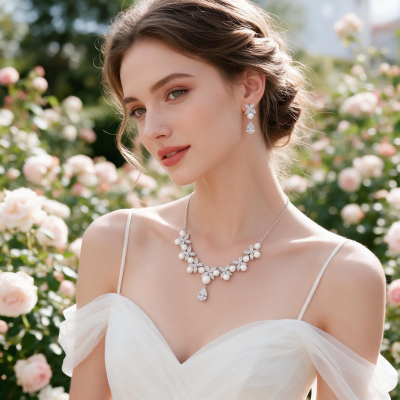 CUBIC ZIRCONIA COLLECTION - VINTAGE GLM NECKLACE SET - CZNK305 SILVER